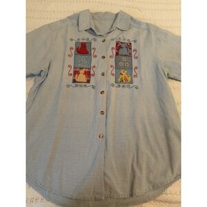 Bobbie Brooks Women button down blue white check cat embroidered shirt X-large